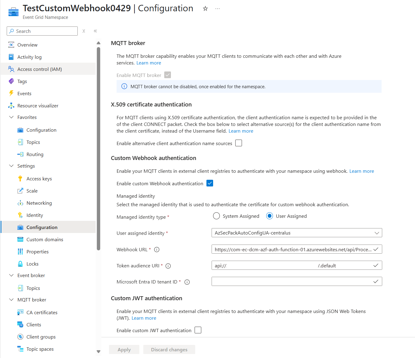 Screenshot that shows the configuration of webhook authentication for an Event Grid namespace.