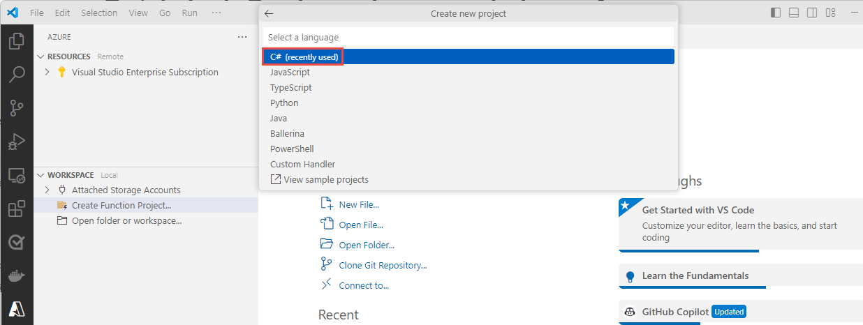 Screenshot that shows the selection of C Sharp as the language for developing an Azure function.