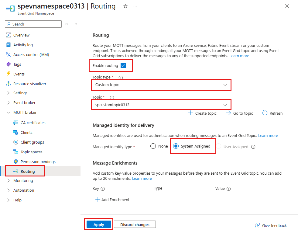 Screenshot that shows the Routing page for a namespace.