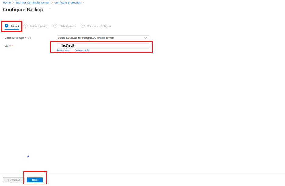 Screenshot shows the Backup vault selection.