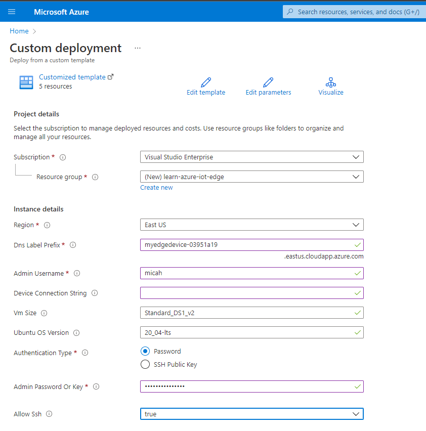 Screenshot showing the iotedge-vm-deploy template.