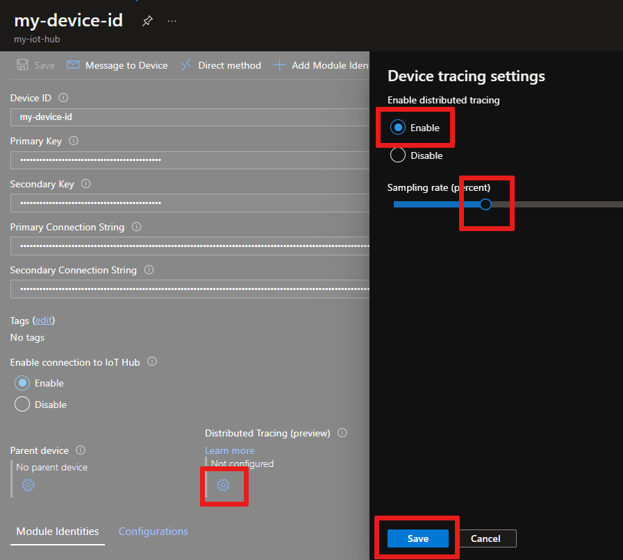 Screenshot that shows how to enable distributed tracing in the Azure portal.