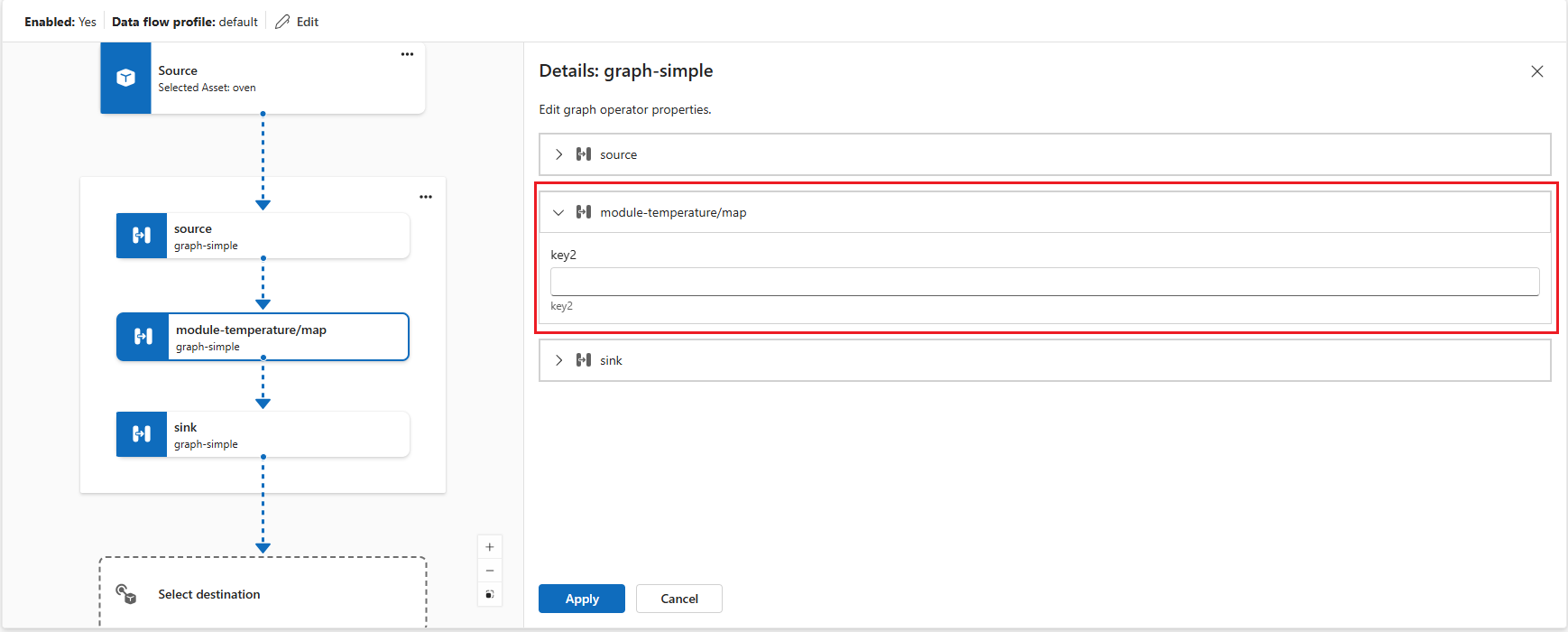 Screenshot of the operations experience interface showing how to configure a simple data flow graph.