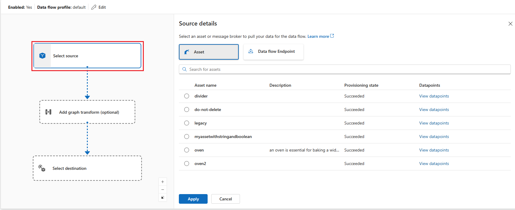 Screenshot of the operations experience interface showing how to select a source for the data flow graph.