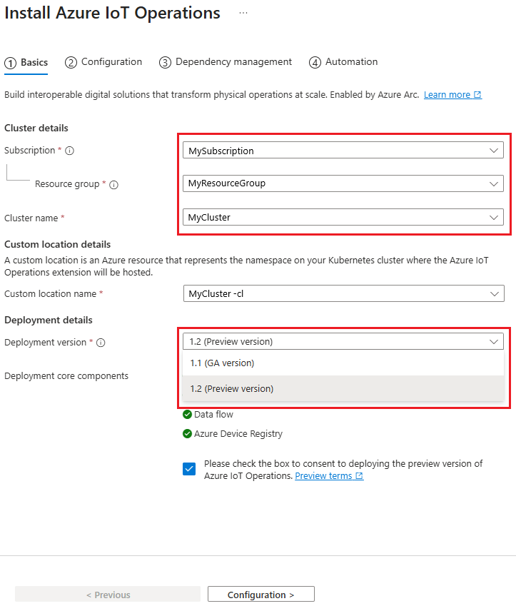 A screenshot that shows the first tab for deploying Azure IoT Operations from the portal.