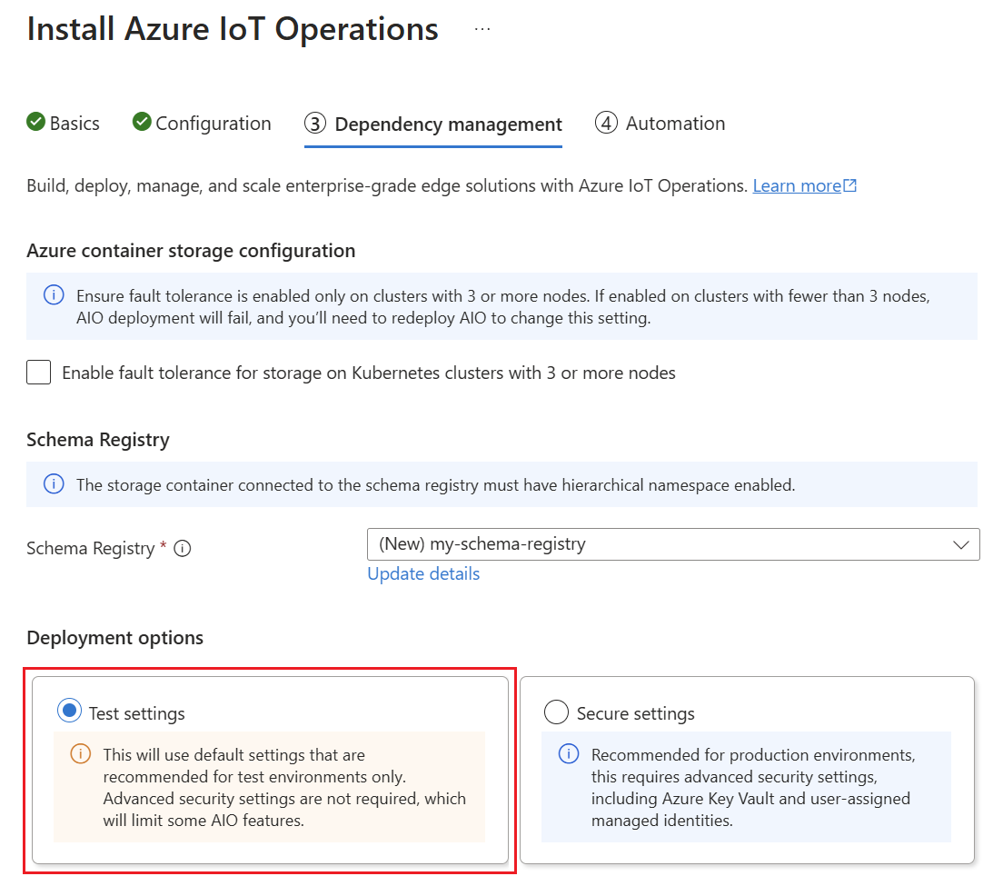 A screenshot that shows selecting test settings on the third tab for deploying Azure IoT Operations from the portal.