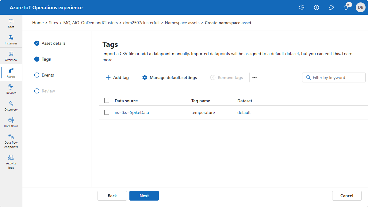 Screenshot of Azure IoT Operations add tag page.