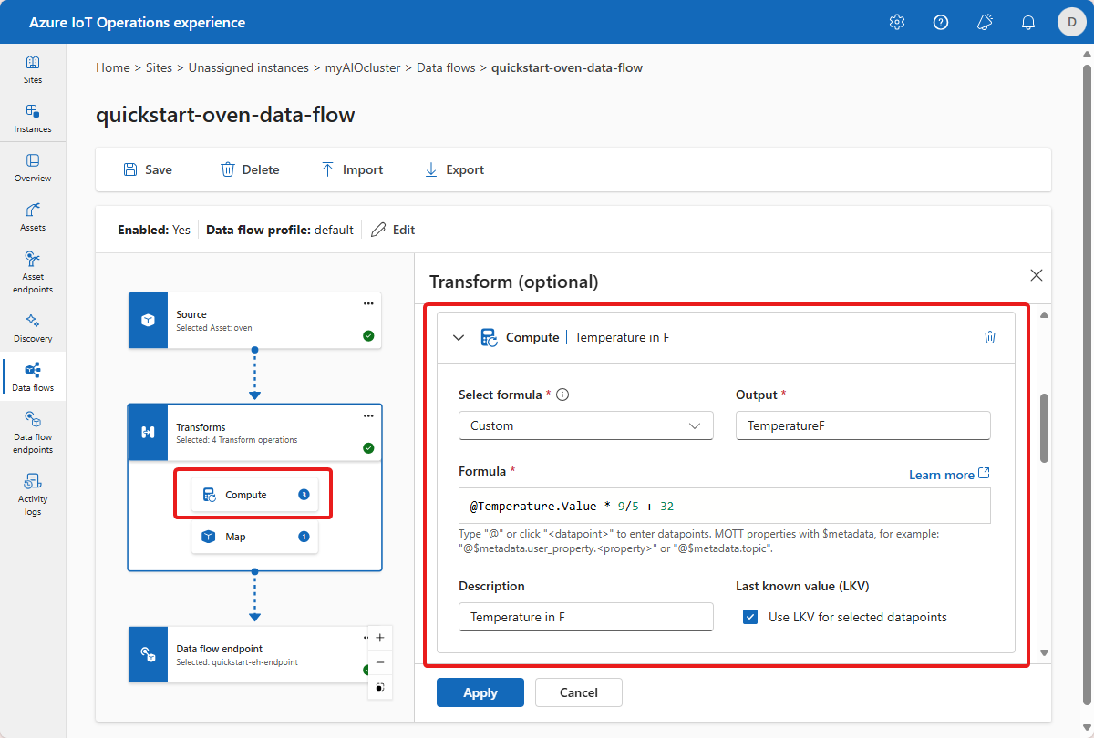 Screenshot in the operations experience that shows the temperature conversion calculation.