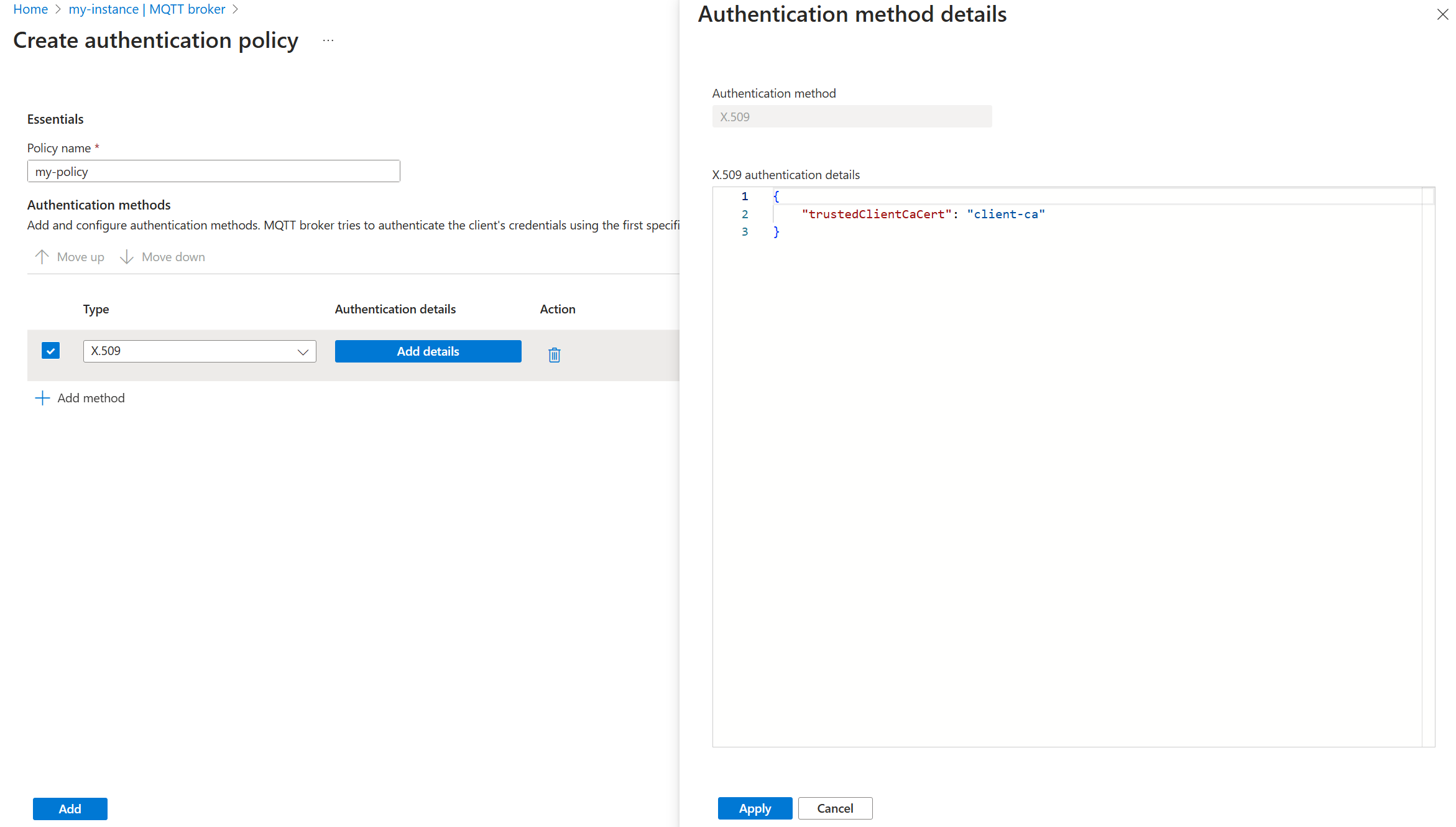 Screenshot that shows using the Azure portal to set the MQTT broker X.509 authentication method.