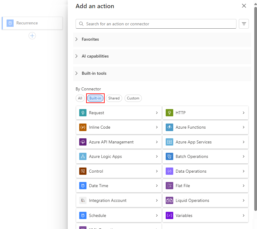 Screenshot shows Consumption workflow designer and pane named Add an action. In the By Connector section, the Built-in option is selected.
