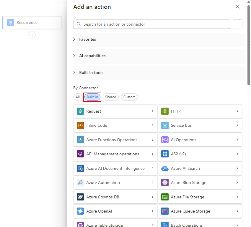 Screenshot shows Standard workflow designer and pane named Add an action. In the By Connector section, the Built-in option is selected.