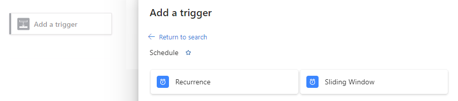 Screenshot shows Standard workflow designer and Schedule operation collection with Recurrence trigger and Sliding Window trigger.
