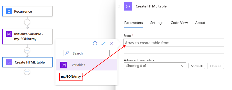 Screenshot shows Consumption workflow, action named Create HTML table, and the selected input to use.
