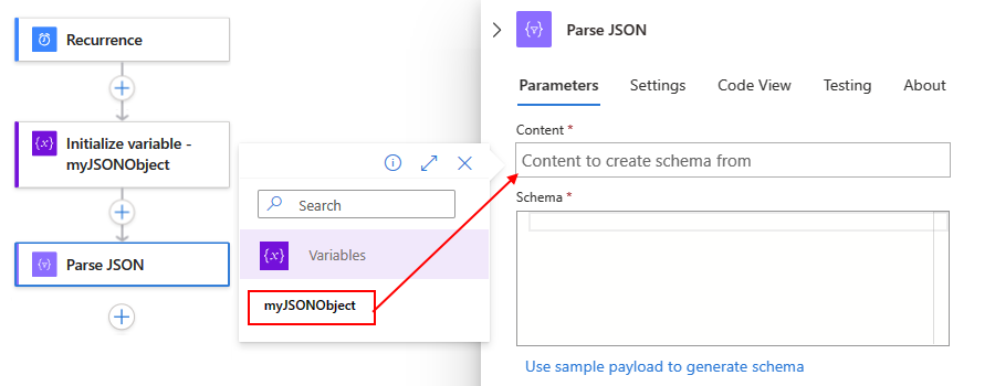 Screenshot shows Consumption workflow, action named Parse JSON, and the selected JSON object variable to parse.
