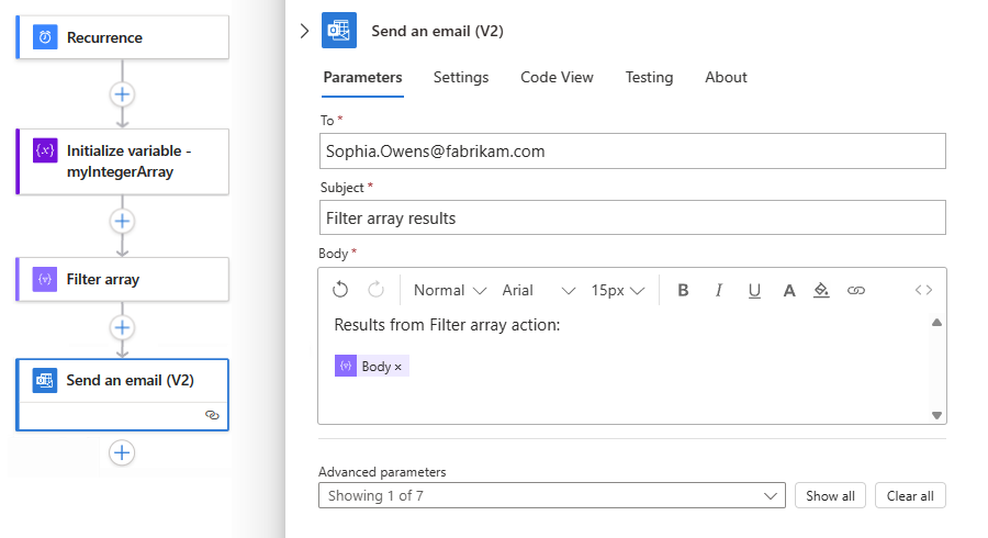 Screenshot shows Standard workflow and finished example action for Send an email.