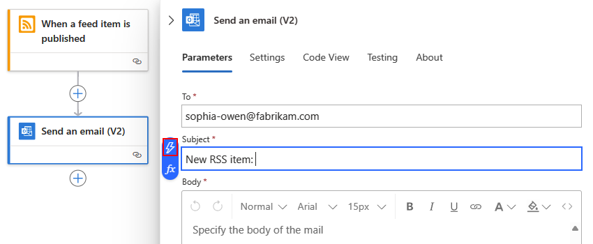 Screenshot shows the action named Send an email, cursor in box named Subject, and selected option for dynamic content list.