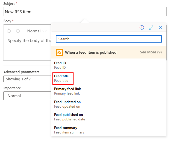Screenshot shows the action named Send an email, with the cursor inside the box named Subject.