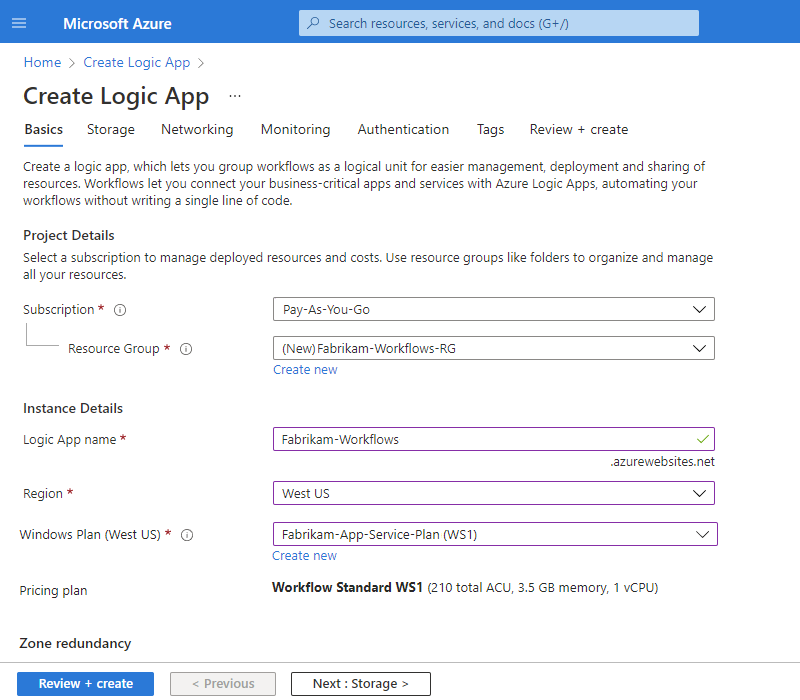 Screenshot shows Azure portal and Create Logic App page with Basics tab.