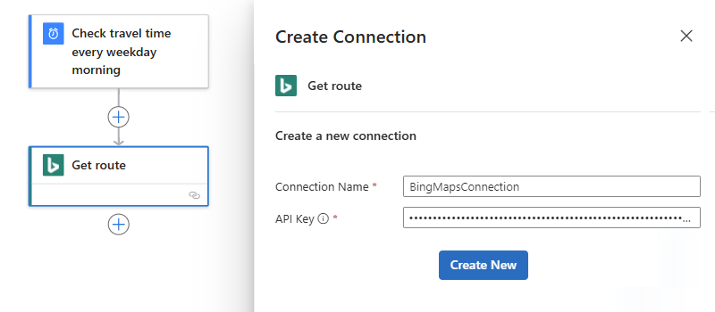 Screenshot shows Bing Maps connection box with the example connection name and Bing Maps API key.