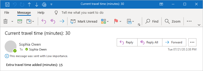 Screenshot shows example email that reports current travel time and extra travel time that exceeds your specified limit.