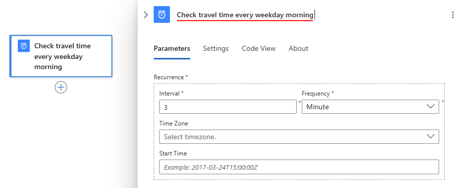 Screenshot shows workflow designer and information pane for Recurrence trigger with renamed trigger.