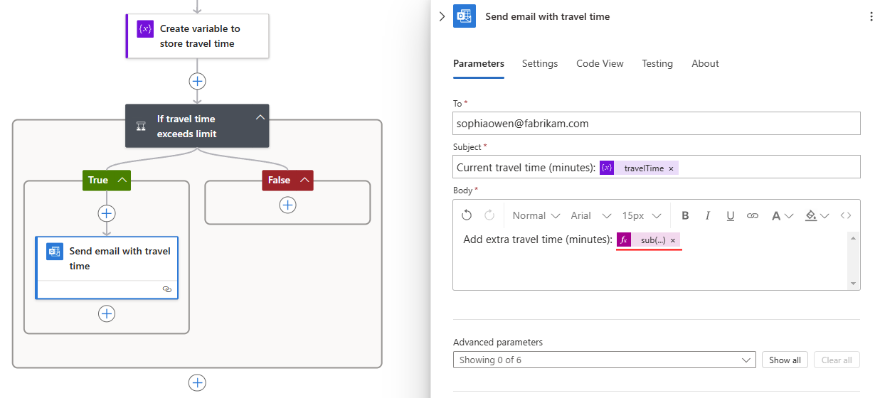 Screenshot shows the resolved expression in the email action's Body property.