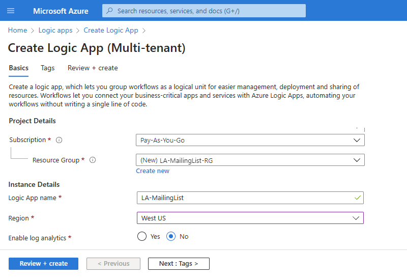 Screenshot shows Azure portal and creation page for multitenant Consumption logic app and details.