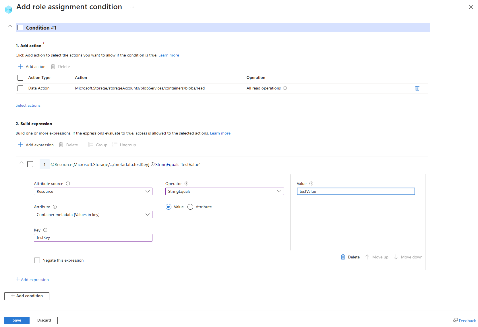 Screenshot of condition editor in Azure portal showing read blob in container with specific metadata.