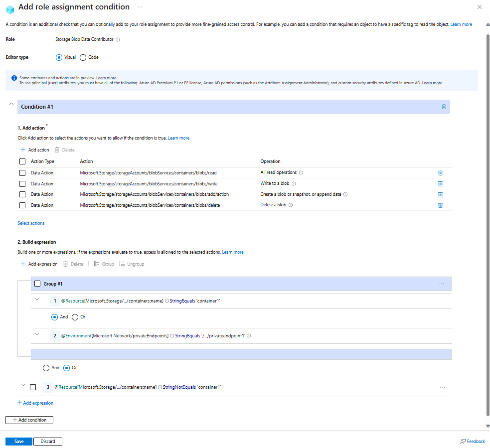 Screenshot of condition editor in Azure portal showing read, write, or delete blobs in named containers with private endpoint environment attribute.