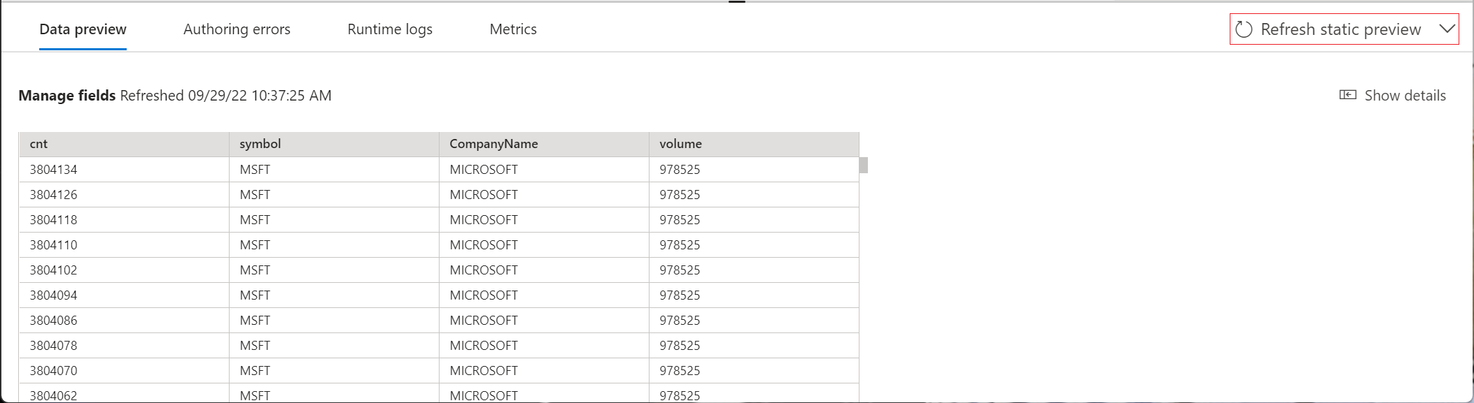 Screenshot showing the Get static preview/Refresh static preview option.