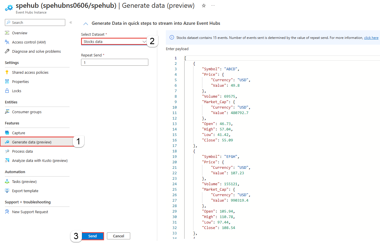 Screenshot showing the Generate data (preview) page of an Event Hubs instance.