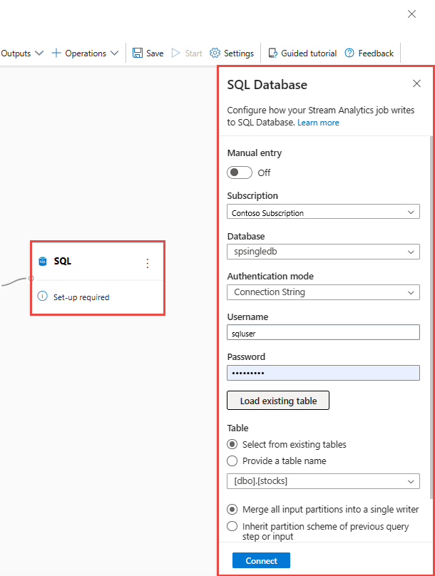 Screenshot that shows the sql database output configuration.