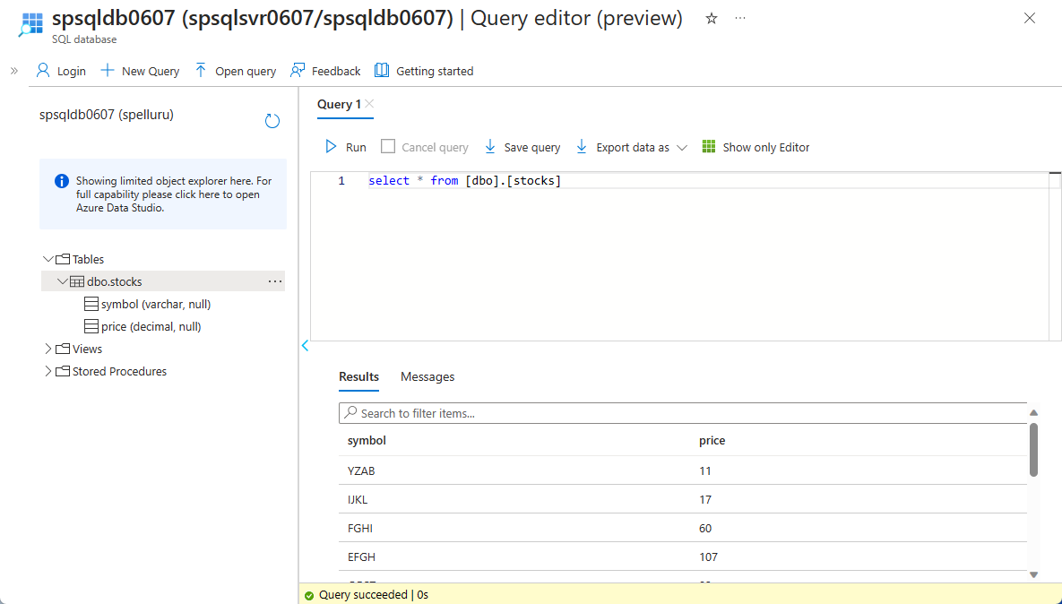Screenshot that shows contents of the stocks table in the database.