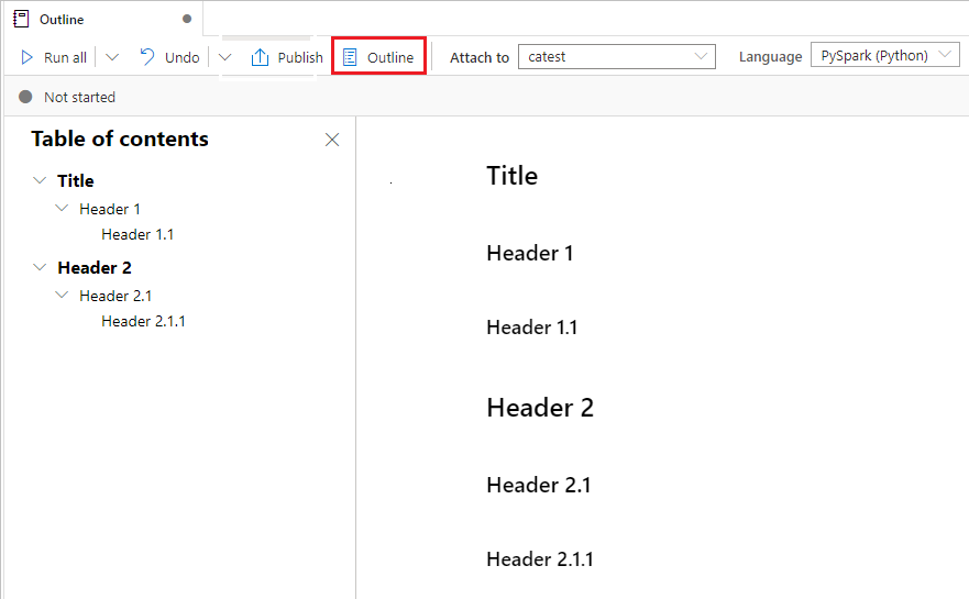 Screenshot of the outline sidebar in a Synapse notebook.