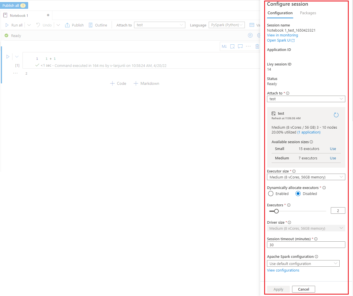 Screenshot of the pane for configuring a session in a Synapse notebook.
