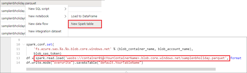 Screenshot that shows opening a new Spark table to access file data in Azure Synapse Analytics.