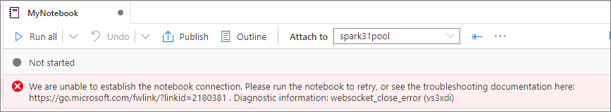 Screenshot form the Azure portal showing the notebook websocket connection issue.