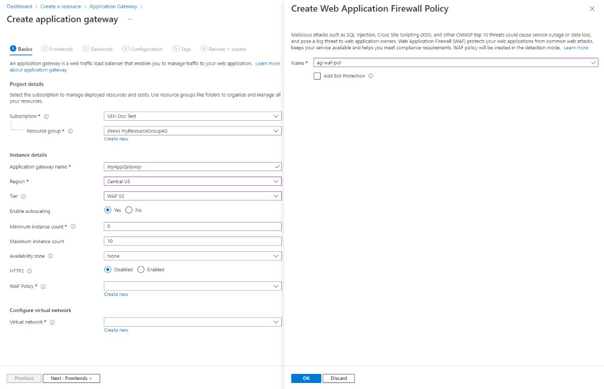 Screenshot of Create new application gateway: Basics tab.