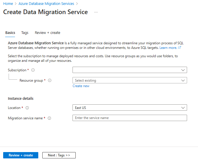 Screenshot that shows Database Migration Service required input details.