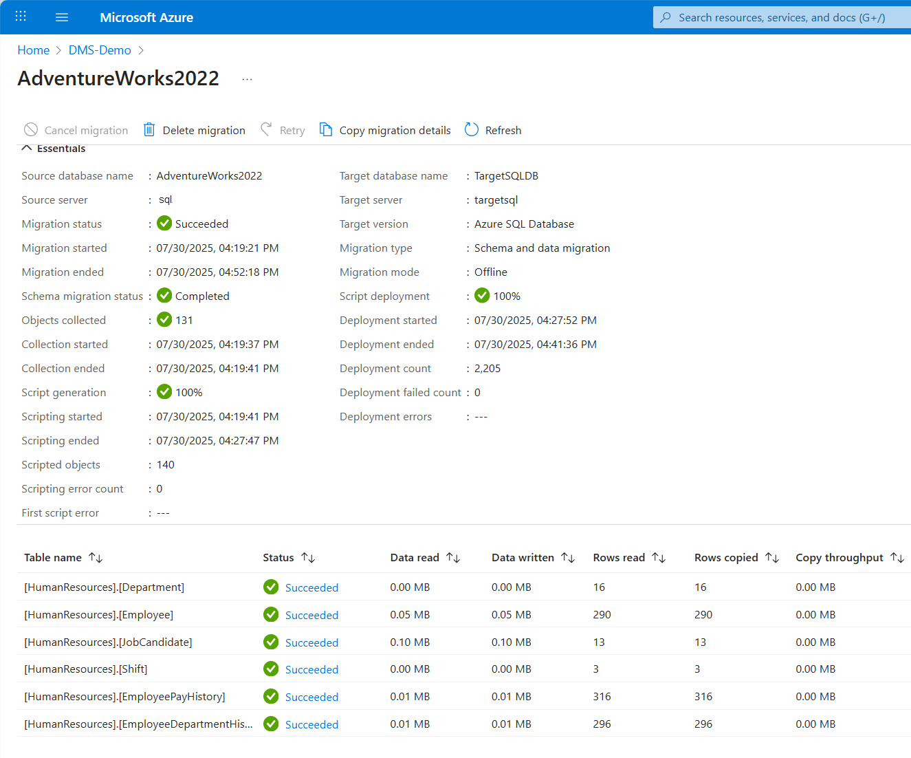 Screenshot of Detailed migration success.