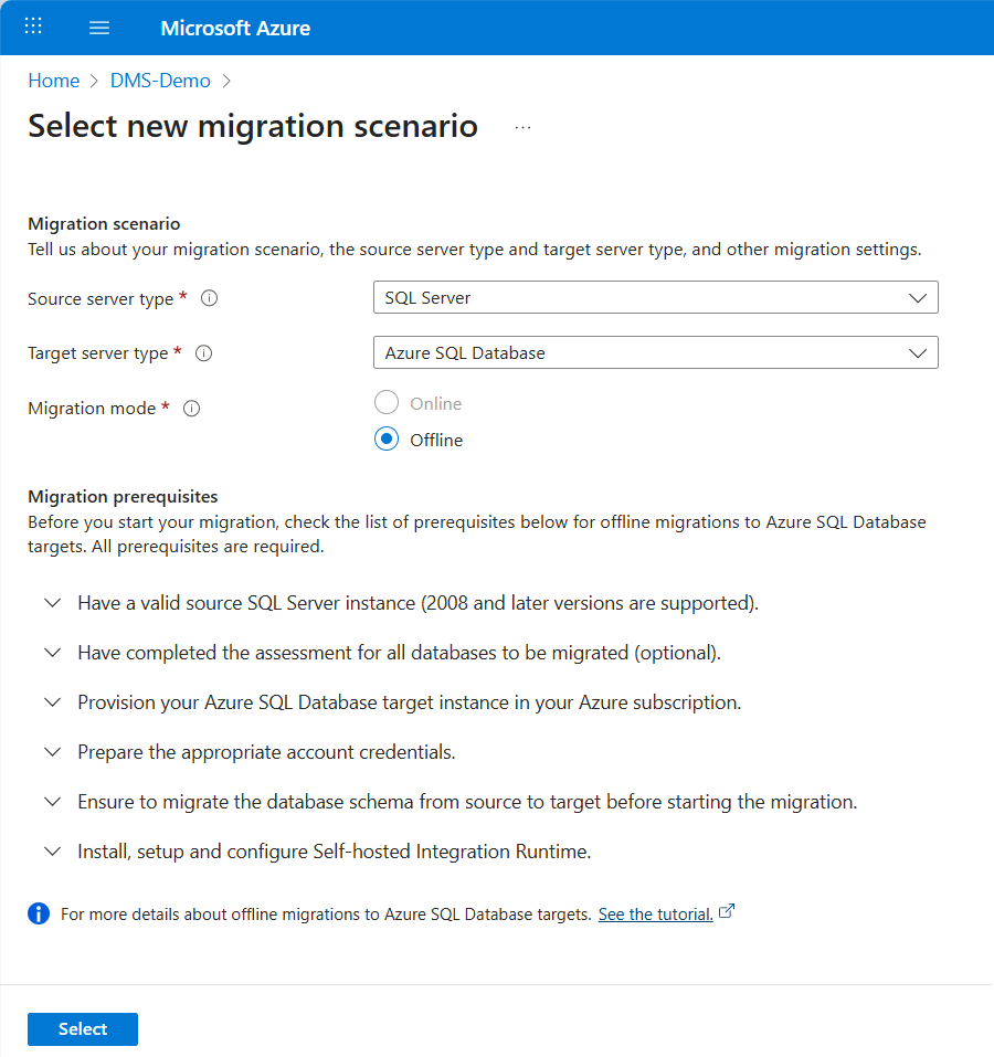Screenshot of select new migration scenario.