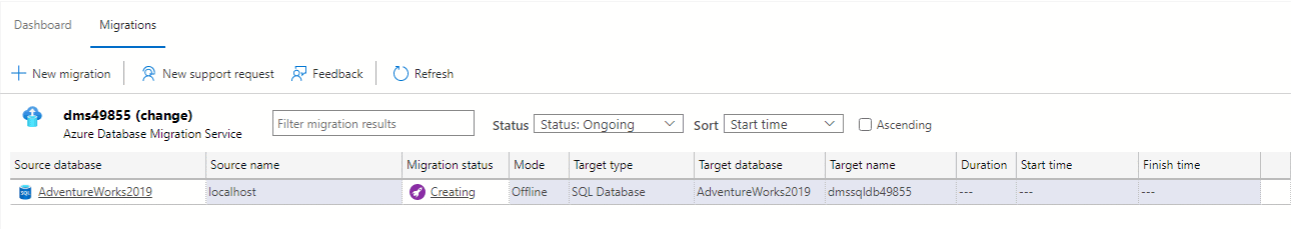Screenshot that shows a creating migration status.