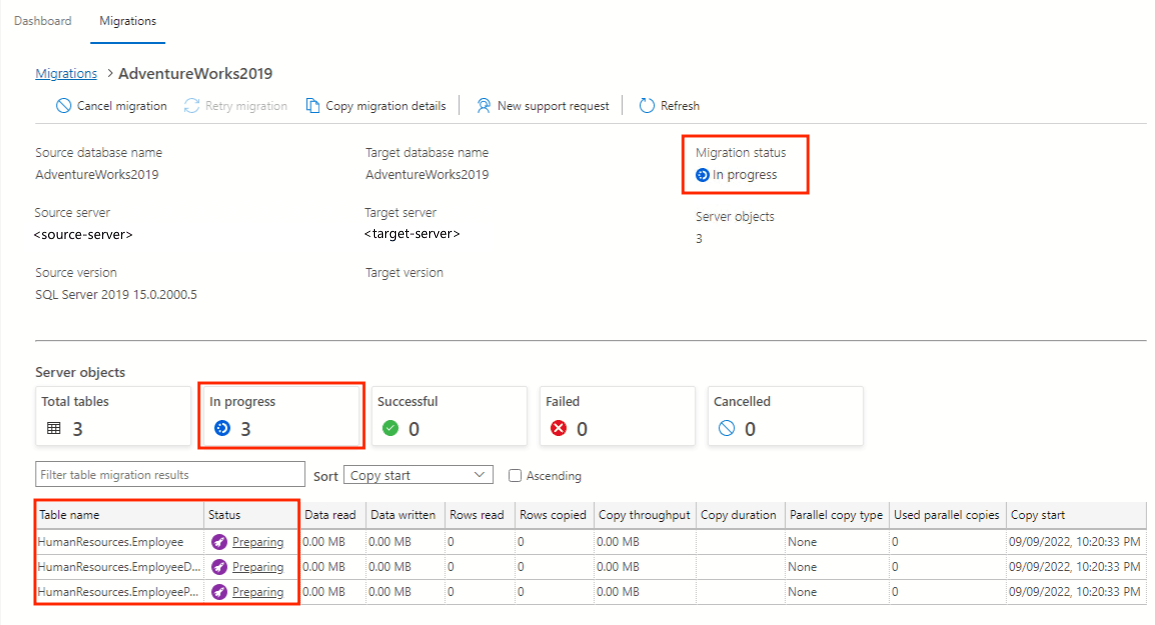 Screenshot that shows monitoring table migration.