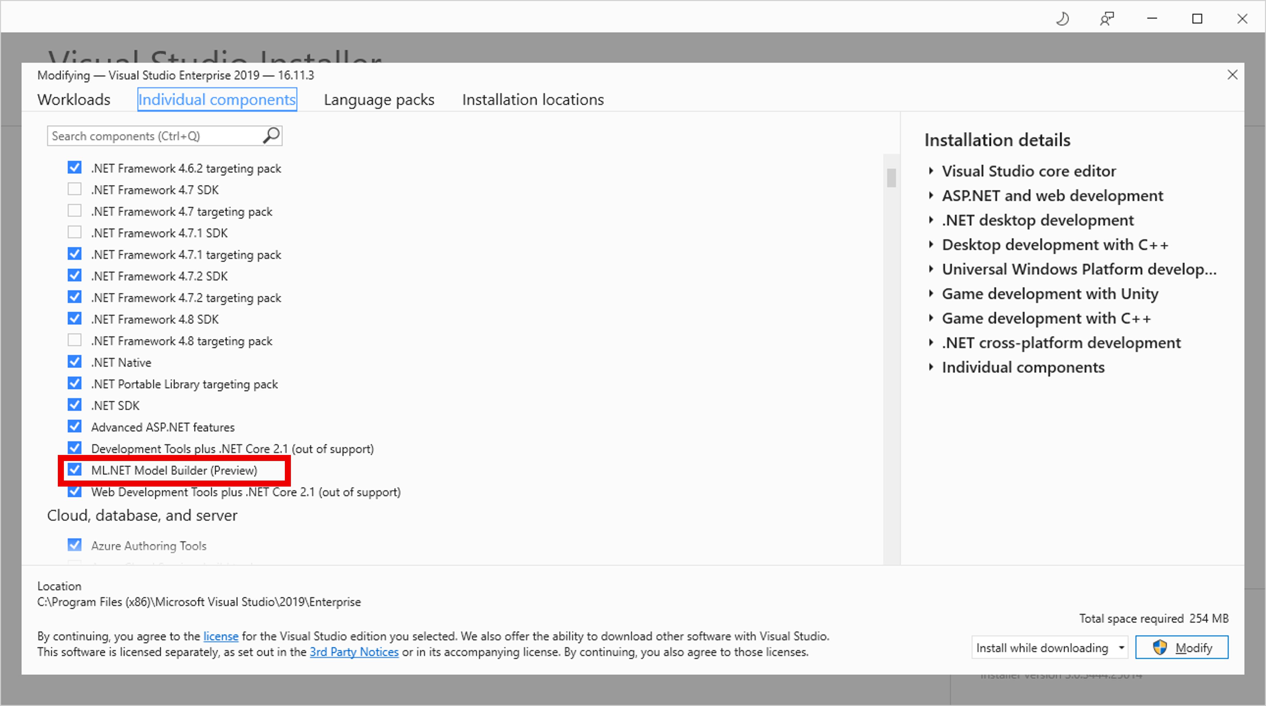 Enable Model Builder Visual Studio 2019