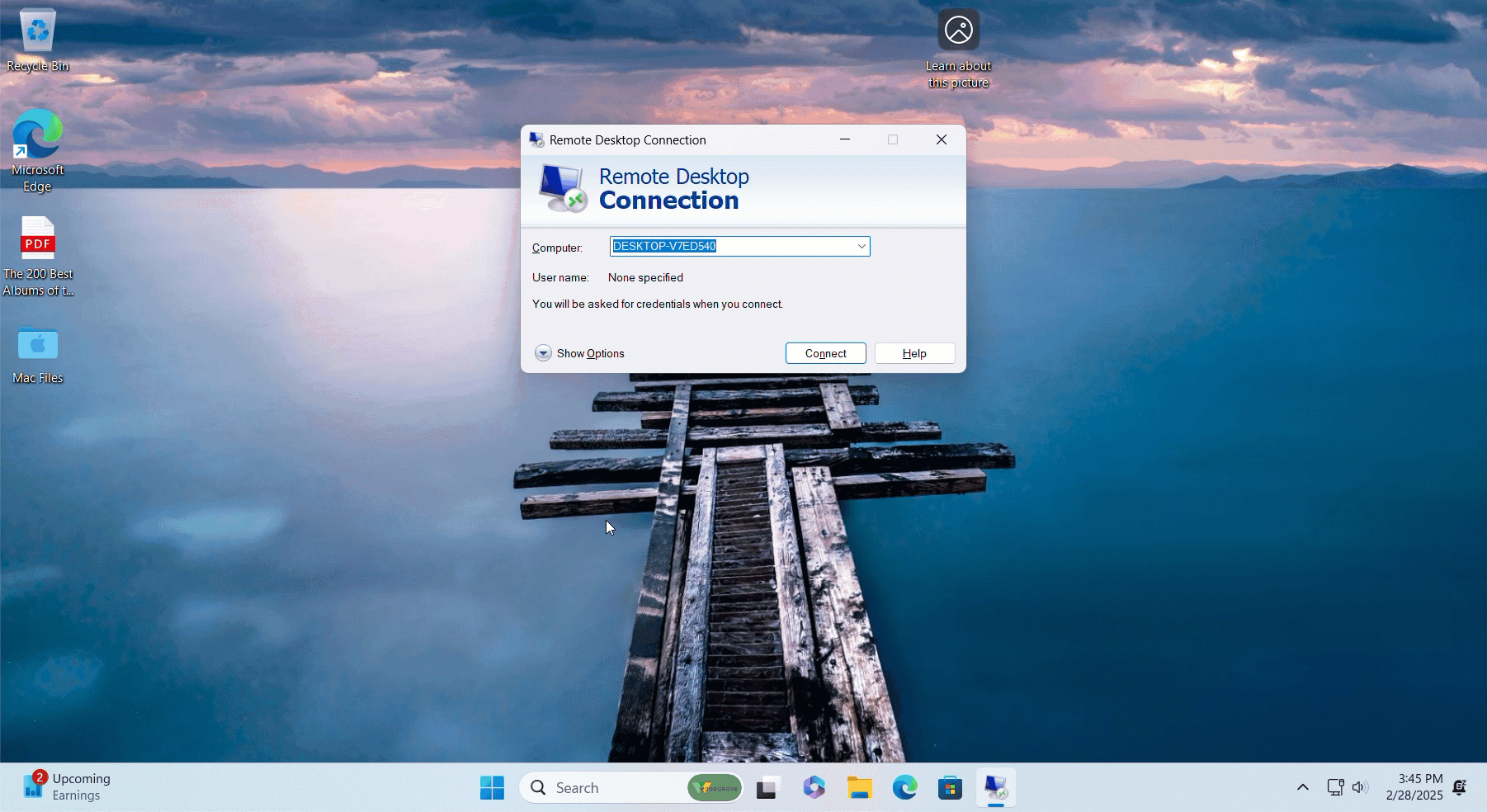 GIF showing the user experience when using Windows Hello for Business to establish a remote desktop connection session.