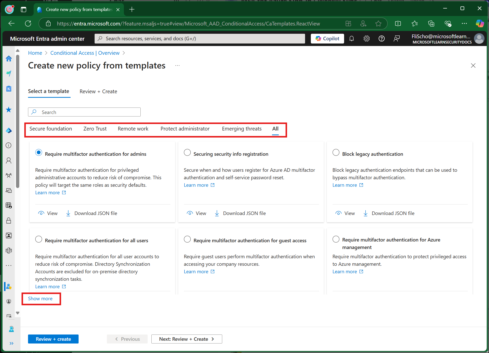 Screenshot that shows how to create a Conditional Access policy from a preconfigured template in the Microsoft Entra admin center.