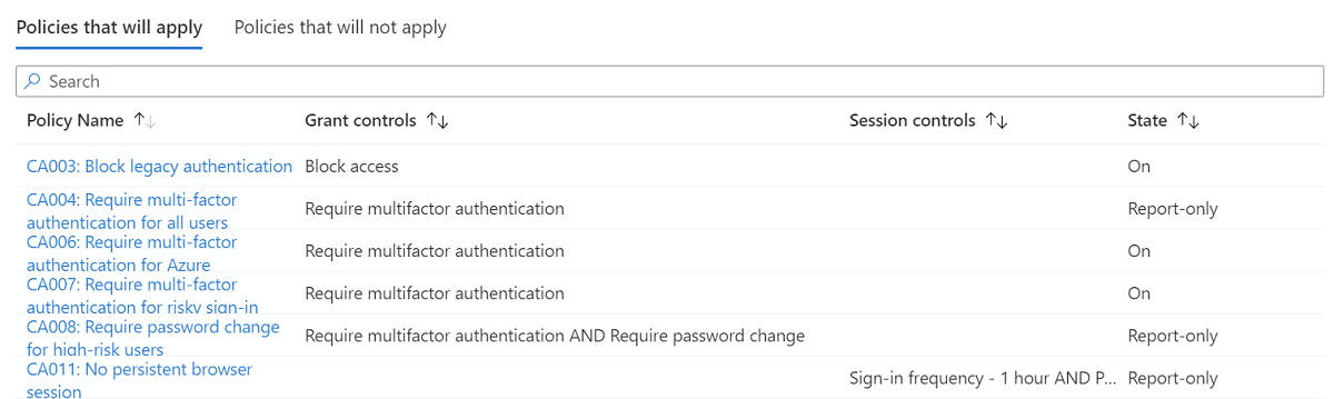 Screenshot of an example of the policy evaluation in the What If tool showing policies that would apply.
