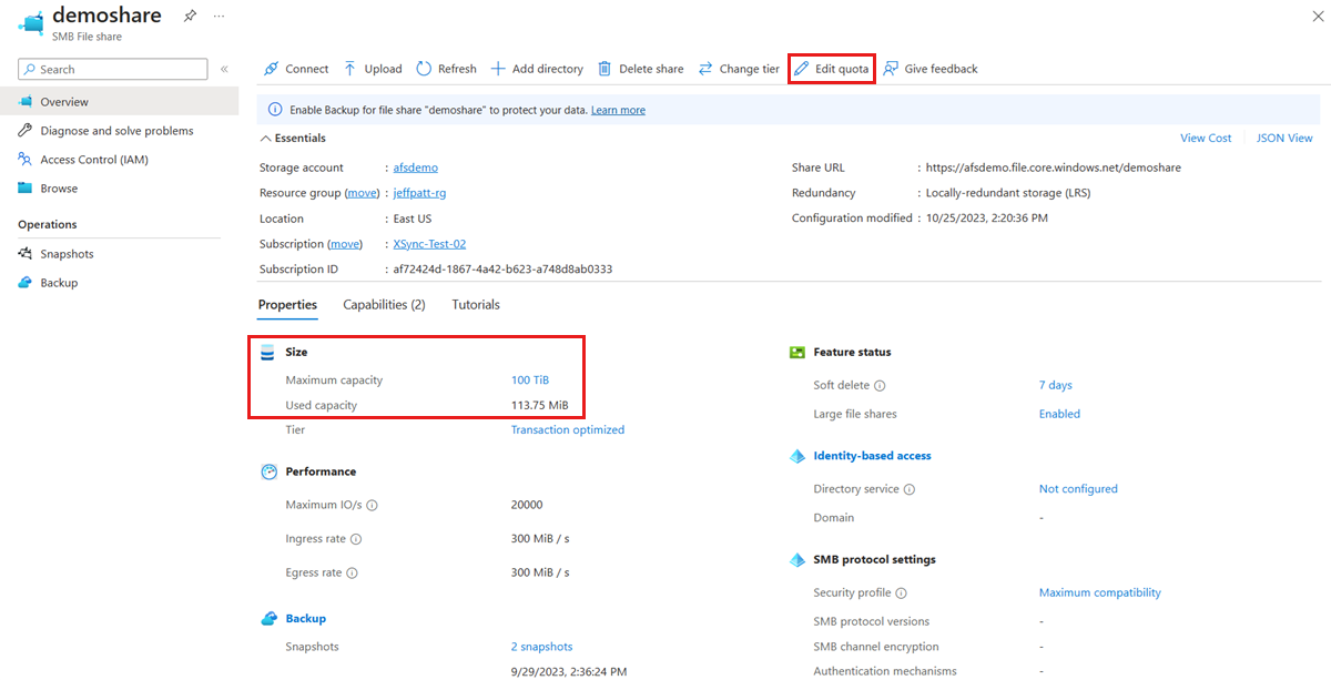 Screenshot that shows the Azure file share properties.