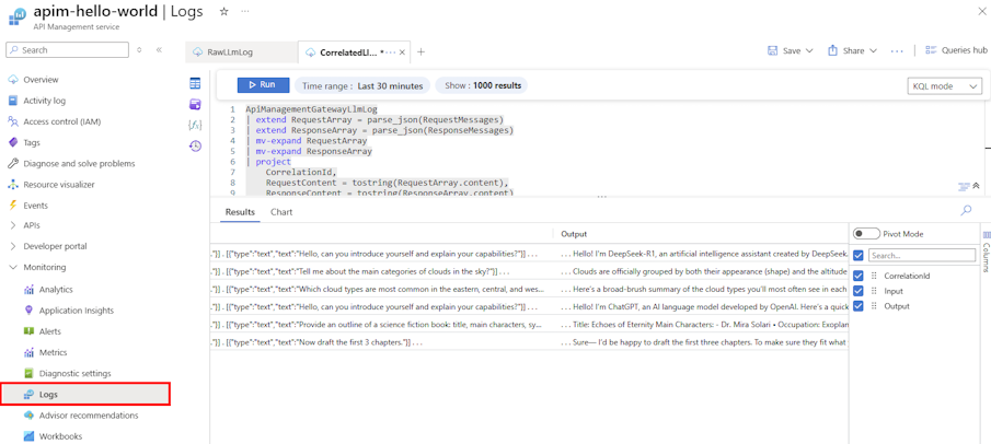 Screenshot of query results for LLM logs in the portal.