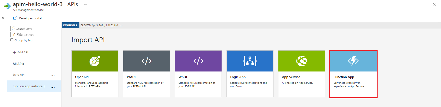 Screenshot that shows the Function App tile.